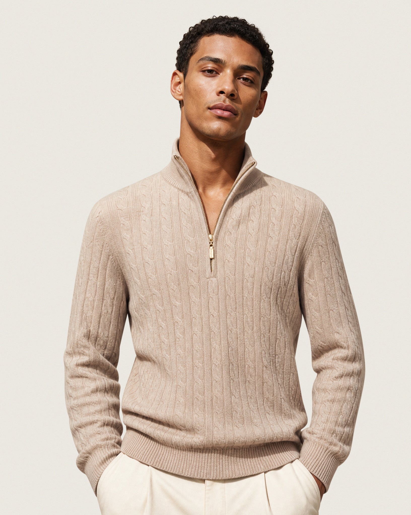 Cable-Knit Merino Wool Quarter Zip