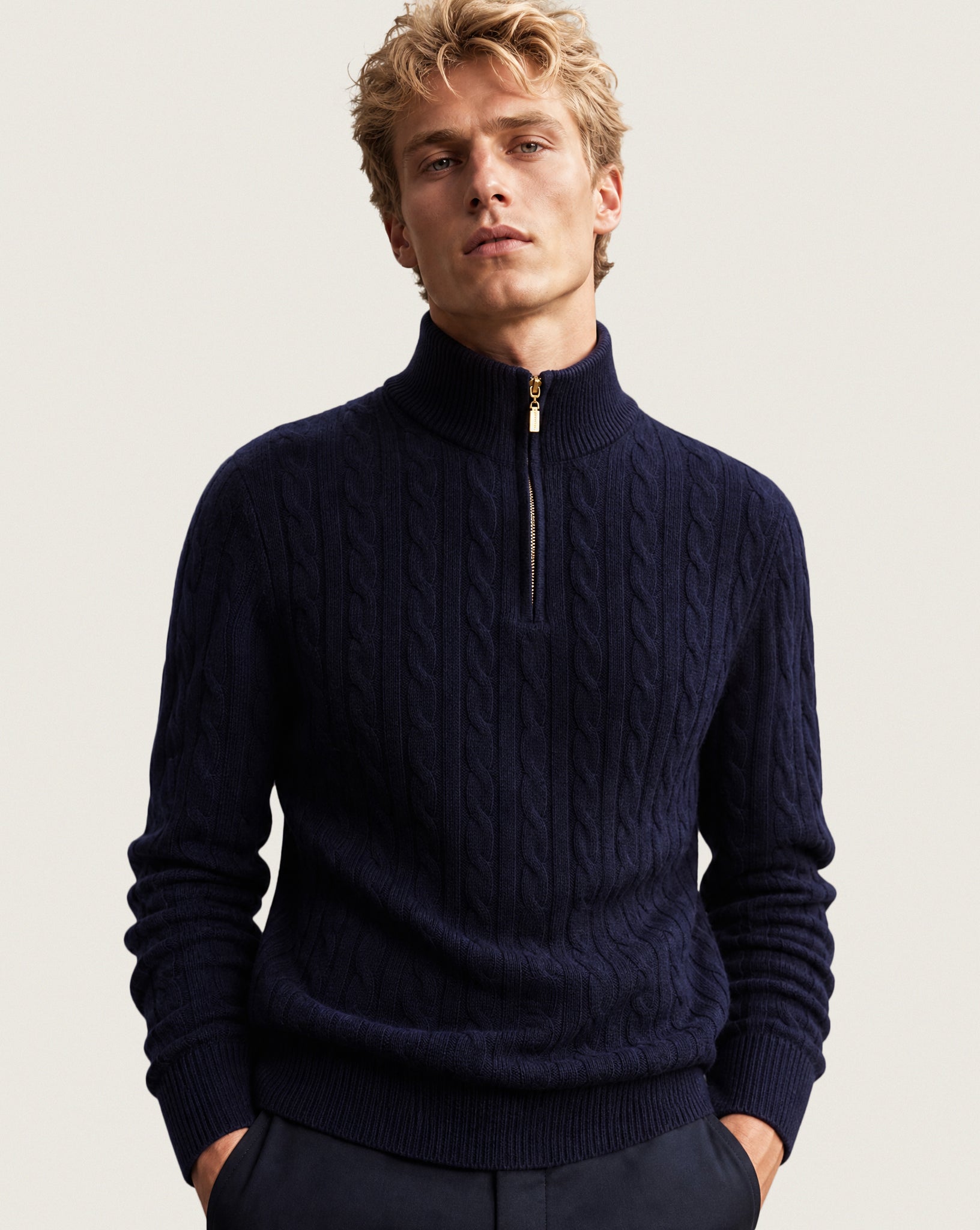 Cable-Knit Merino Wool Quarter Zip
